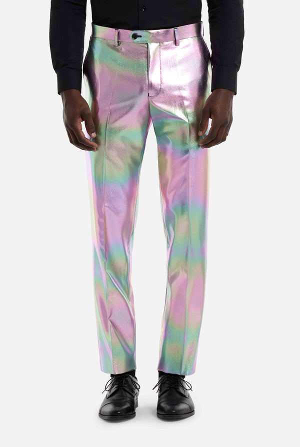 iridescent pants worn by a person on a white background