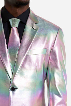 Iridescent suit jacket worn by a person with a white background