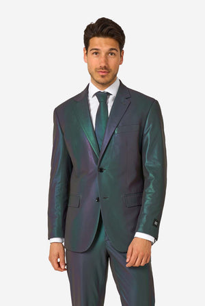 Man wearing a reflective suit with a reflective tie on a white background