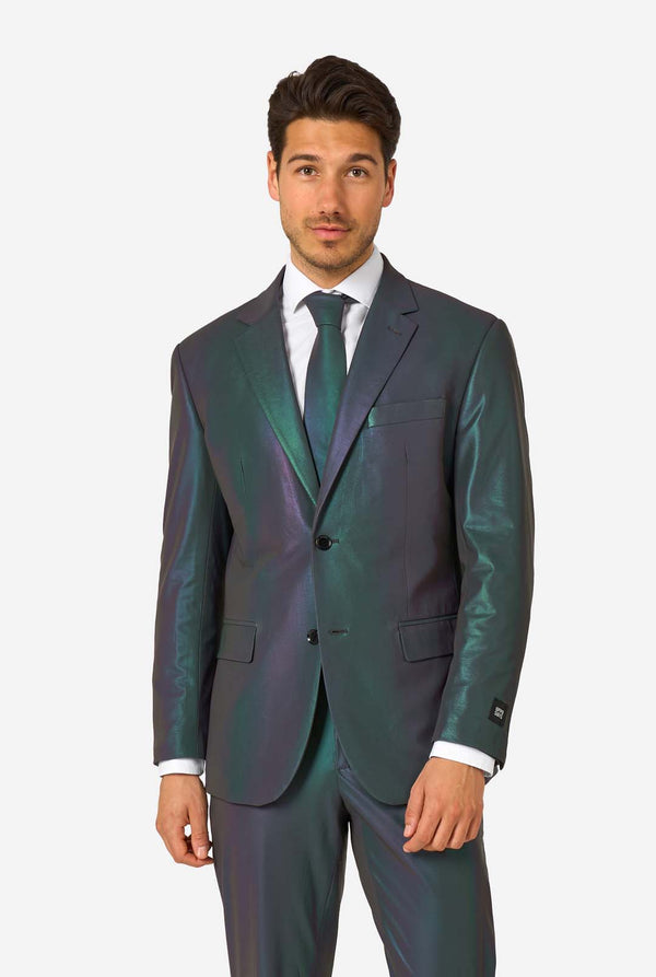 Man wearing a reflective suit with a reflective tie on a white background