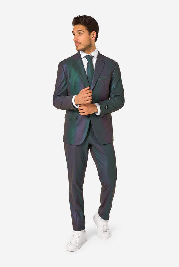Man wearing a reflective suit with a reflective tie on a white background
