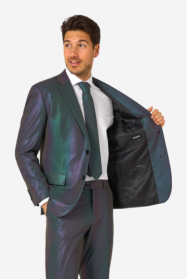 Man wearing a reflective suit jacket on a white background