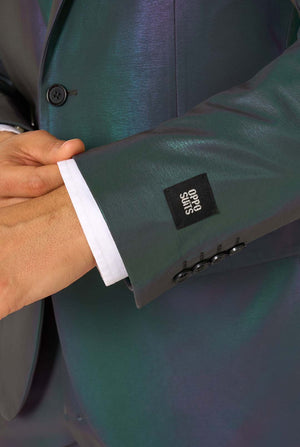 Close-up of a reflective suit jacket with a brand label on the sleeve.
