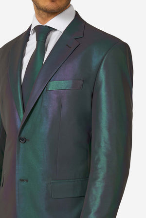 Reflective suit jacket with a white shirt and reflective tie on a white background