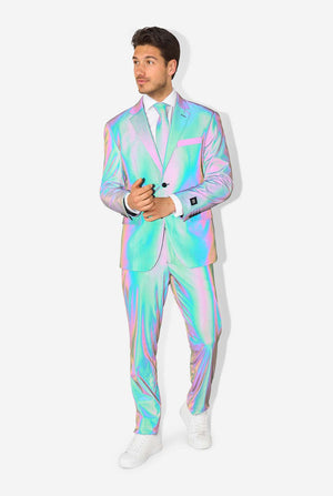 Man wearing a reflective suit with a white background