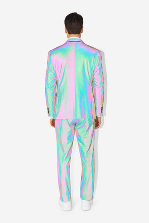 Person wearing a reflective suit with a white background