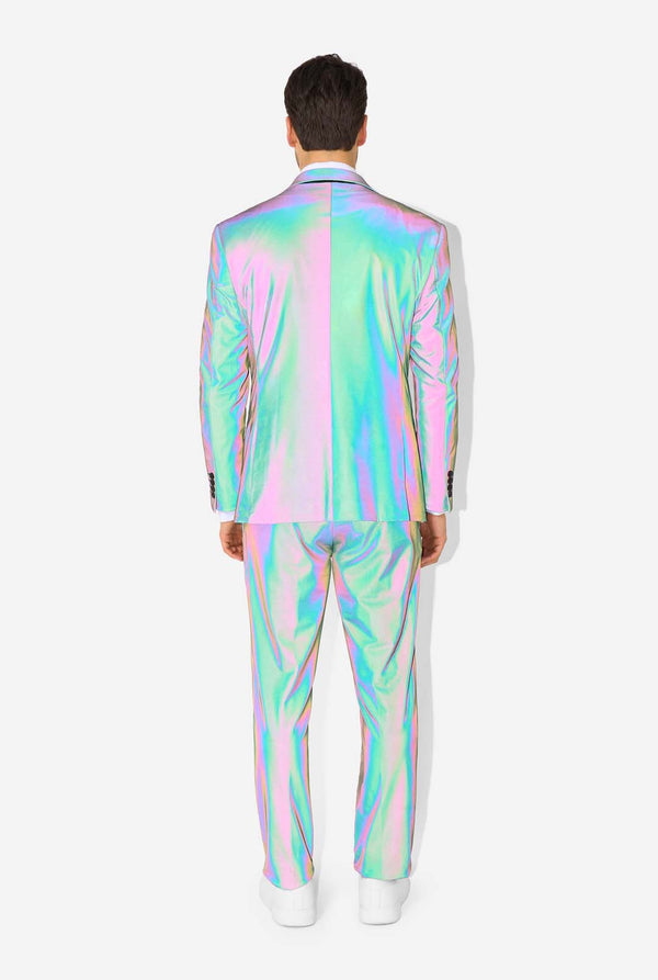 Person wearing a reflective suit with a white background