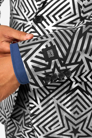 Close-up of a shirt with geometric pattern and brand label.