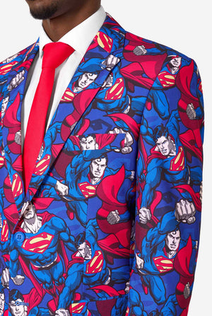 Superman-themed suit jacket with a red tie on a white background