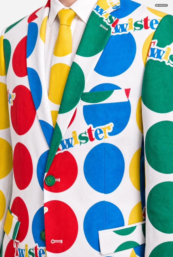 A man wearing a white suit with large multicolored polka dots and the Twister logo, resembling a Twister mat, against a light gray studio background. Chest close-up.