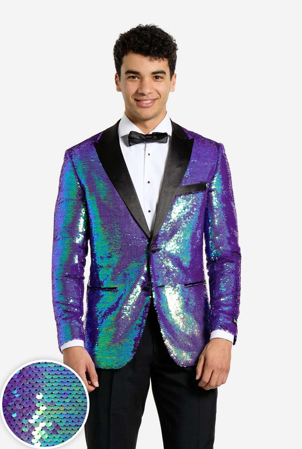 Man wearing a sapphire sequin tuxedo jacket with a close-up of the sequins on a white background