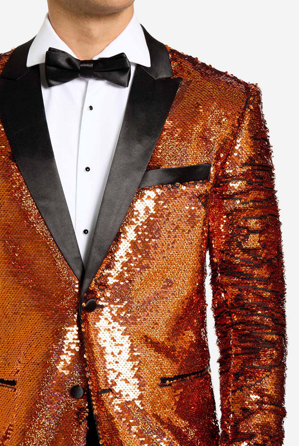 Men wearing tuxedo with orange sequins jacket