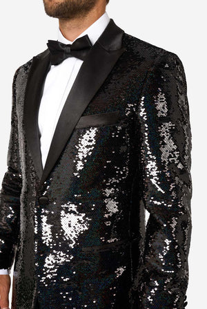 Black sequin tuxedo with bow tie on a white background