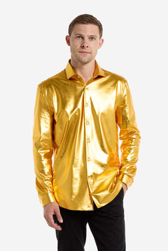 Man wearing a shiny gold shirt on a white background