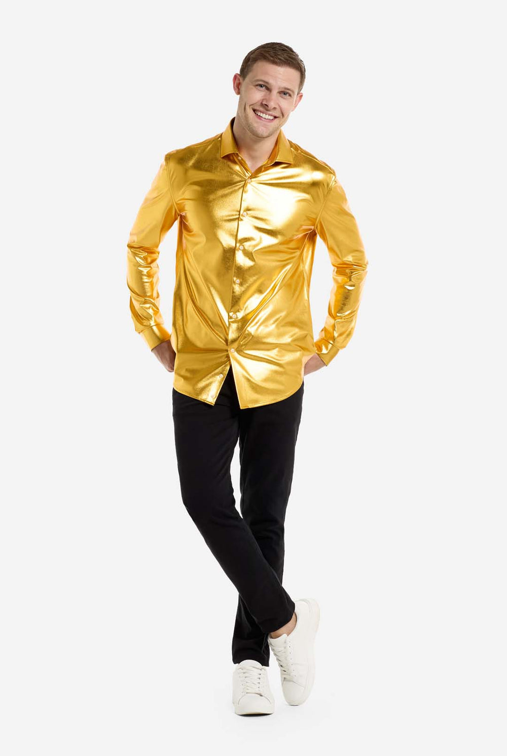 Man wearing a shiny gold shirt on a white background