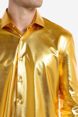 Shiny gold shirt worn by a person on a white background