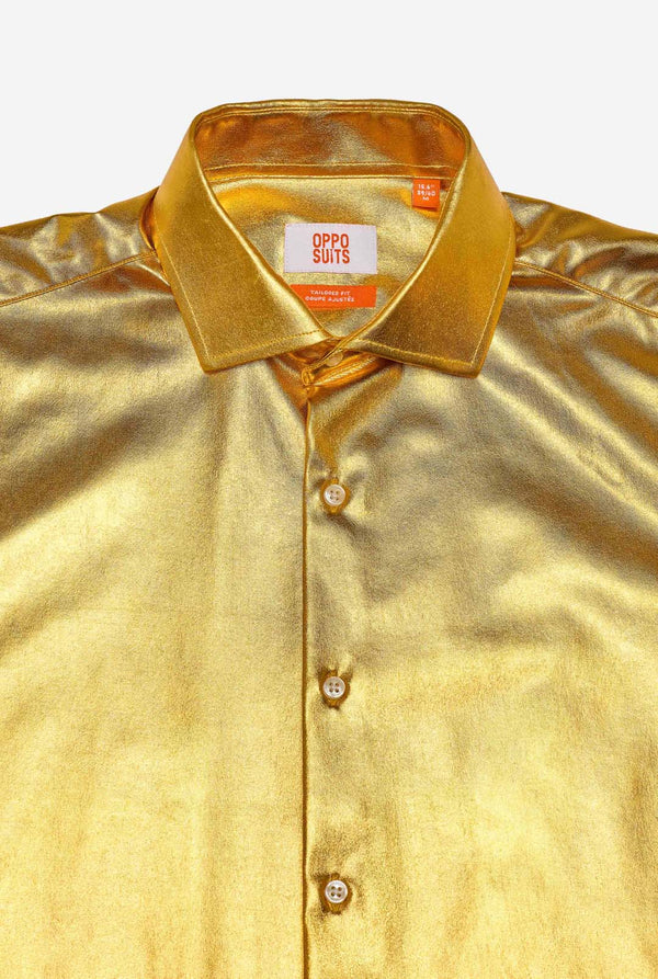 Gold velvet shirt with a brand label on a white background