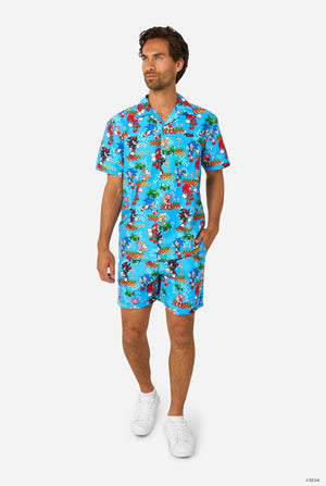Man wearing a colorful Sonic-themed summer set on a white background. Full body image.