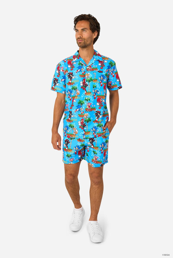 Man wearing a colorful Sonic-themed summer set on a white background. Full body image.