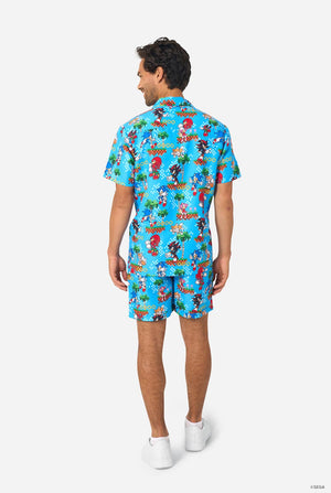 Person wearing a blue Hawaiian summer set with Sonic character print on a white background. View from the back
