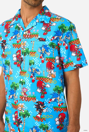 Colorful Sonic-themed shirt with various characters on a blue background