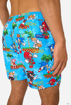 Blue shorts with Sonic character print on a white background