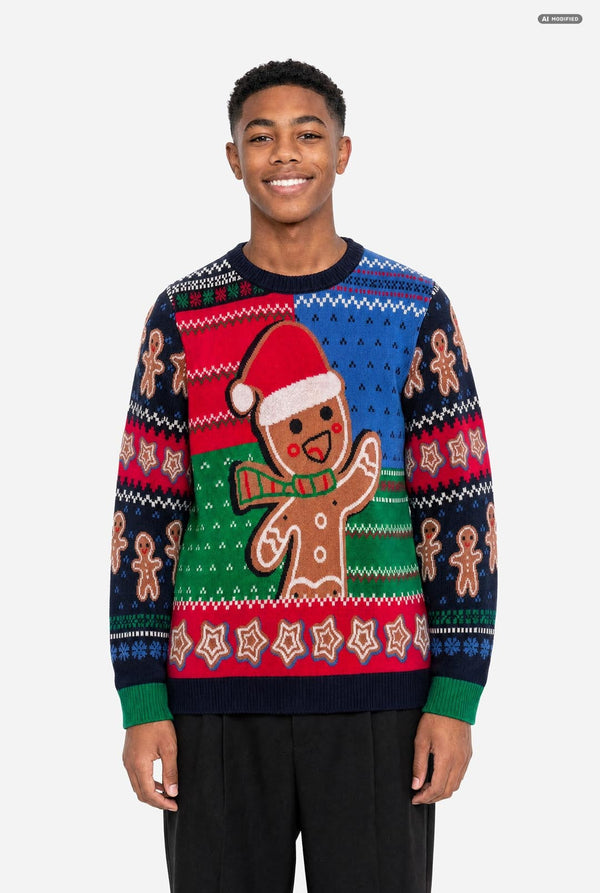 A young man wearing a festive Christmas sweater with a gingerbread man design, set against a plain light gray background.
