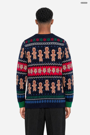 A man viewed from behind wearing a navy blue Christmas sweater with gingerbread men and snowman patterns, red and green horizontal stripes, and green ribbed cuffs and hem, paired with black pants against a light gray background.