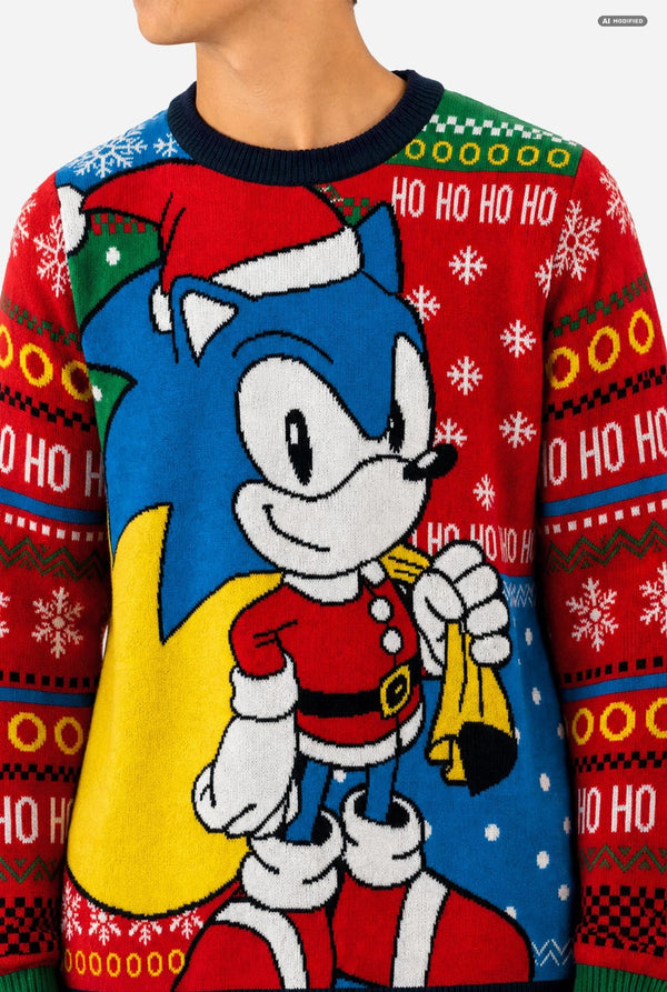 A close-up of a person wearing a festive Christmas sweater featuring Sonic the Hedgehog. The sweater has a large graphic of Sonic in Santa suit on the front, with 'HO HO HO' text, snowflakes, and holiday patterns on the sleeves and background.