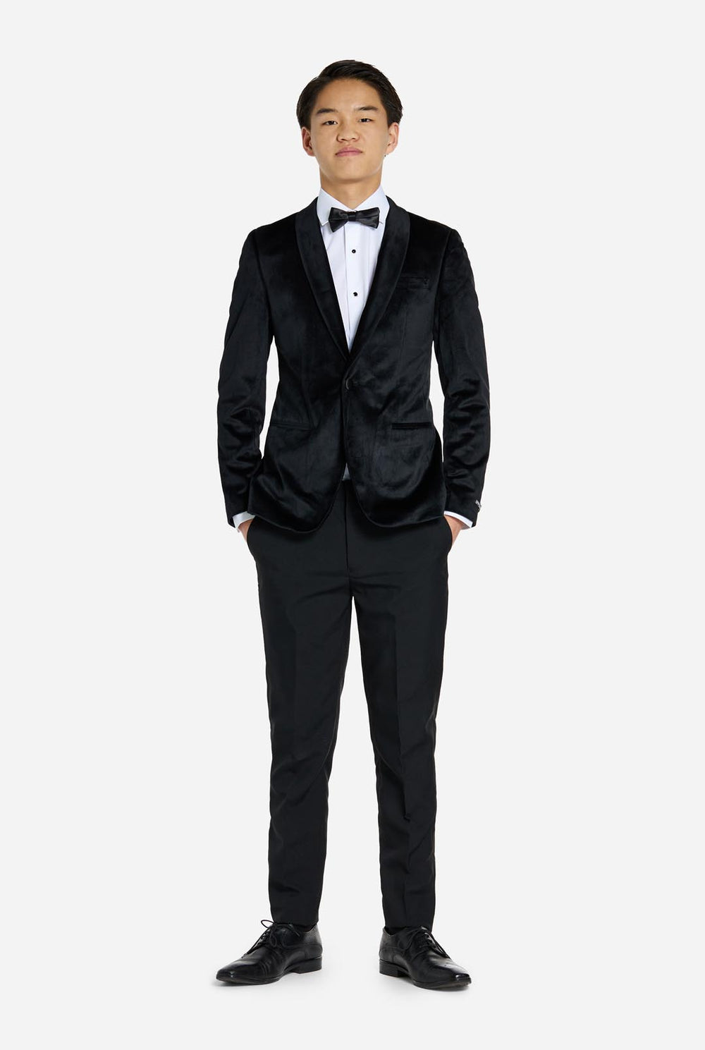 Teen wearing black velvet dinner jacket blazer for teen boys