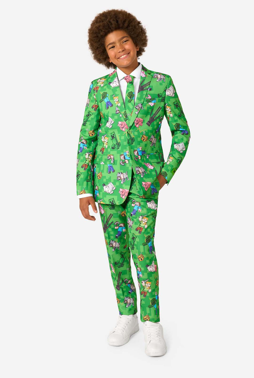 Person wearing a green patterned Minecraft suit on a white background