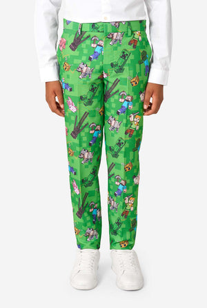 Green pants with Minecraft character pattern worn by a person on a white background