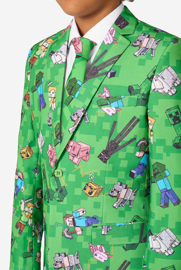 Green suit jacket with Minecraft character pattern worn by a person