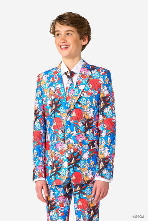 Person wearing a colorful Sonic-themed suit on a white background