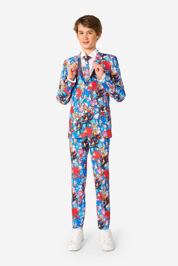 Person wearing a colorful Sonic-themed suit with a white background. Full body image