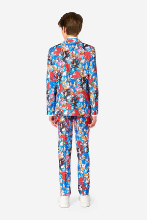 Person wearing a colorful Sonic-themed suit on a white background. View from the back