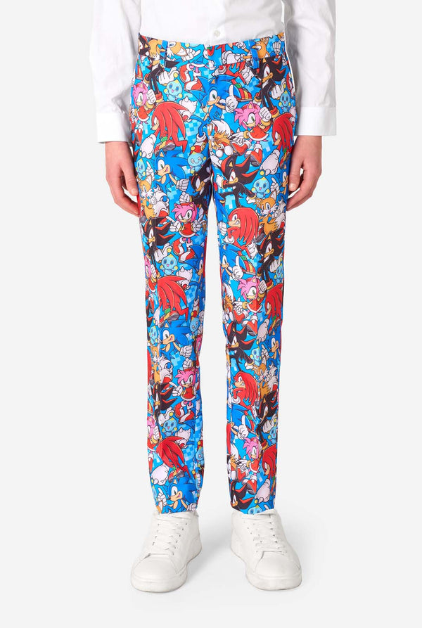 Colorful Sonic-patterned pants worn by a person on a white background