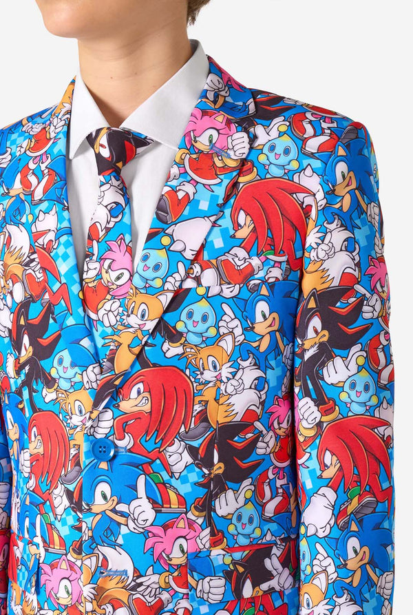 Colorful suit jacket with Sonic character pattern on a white background