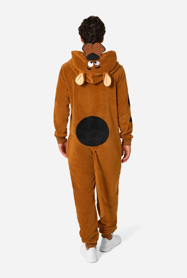 A person wearing a brown Scooby-Doo-themed hooded onesie costume with black patch details, photographed against a light gray studio background. View from the back.