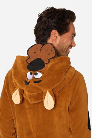 A man wearing a brown Scooby-Doo hooded costume with a cartoon face, black hat, and cream-colored ears, shown from the back against a light gray background.