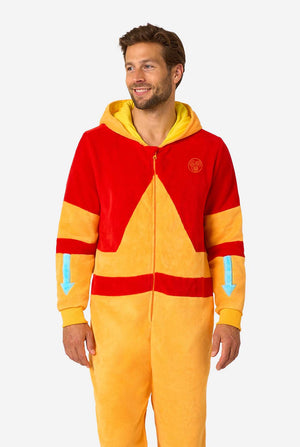 Person wearing a red and yellow onesie with a logo on a white background