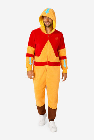Person wearing a red and yellow onesie with a hood on a white background
