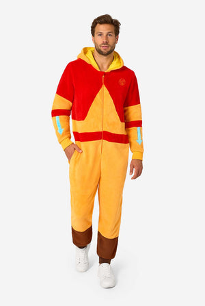 Person wearing a red and yellow onesie with a hood on a white background