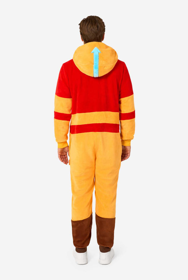 Person wearing a colorful onesie with a hood on a white background