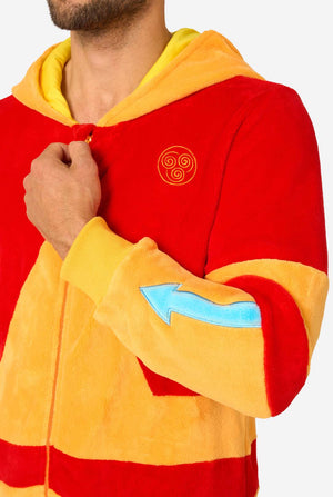 Red and yellow onesie with a blue arrow design on a white background