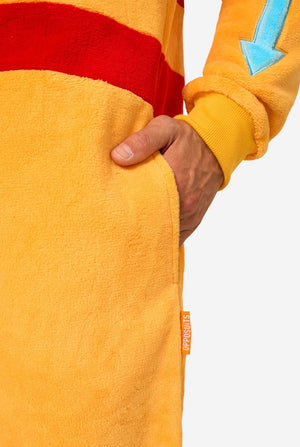 Close-up of a yellow onesie with a red stripe and blue arrow design on a white background.