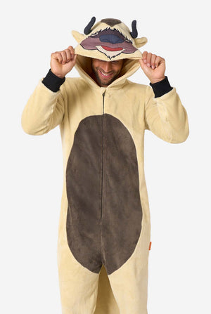 Person wearing an Avatar animal onesie with a hood on a white background