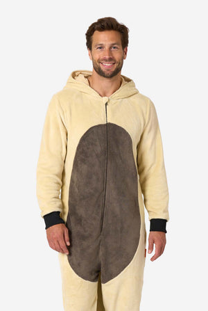 Man wearing a beige and brown onesie against a white background