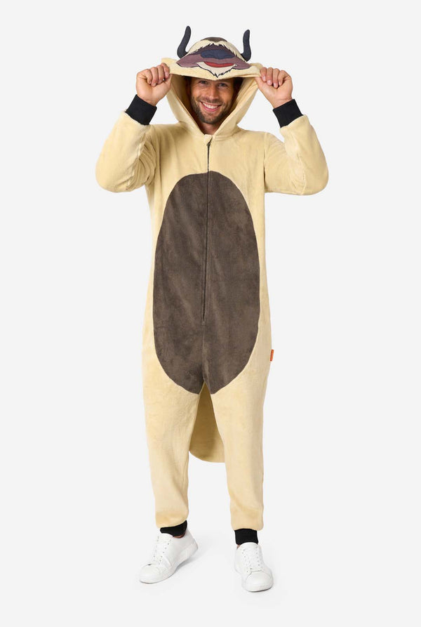 Person wearing an Avatar character onesie on a white background
