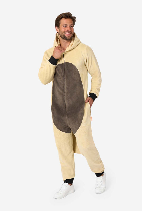 Man wearing a beige and brown onesie on a white background